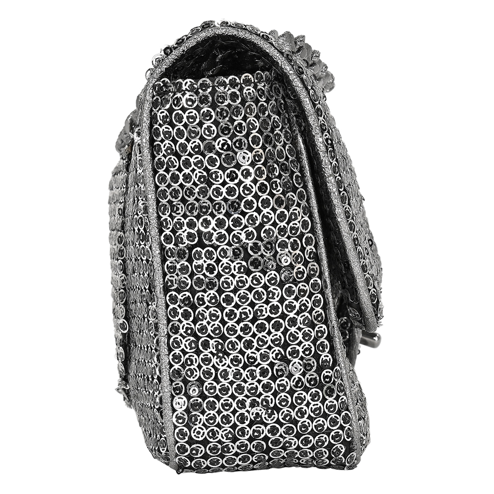 Chanel Metallic Coco Chain Sequin Silver Shoulder Mark Fabric Bag